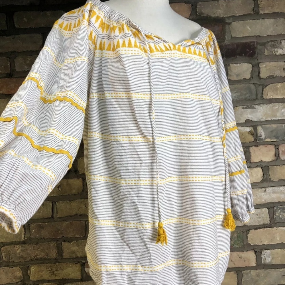 Peasant Boho Hippy Shirt Top Tunic Bare Shoulders Embroidered Tassels